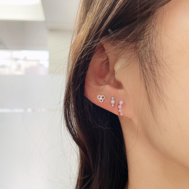 3 Pairs Set Ear Party 1/20 Cttw Natural Diamond Pansy Flower 1 Stone Bar Crawler Stud Earrings in 925 Sterling Silver