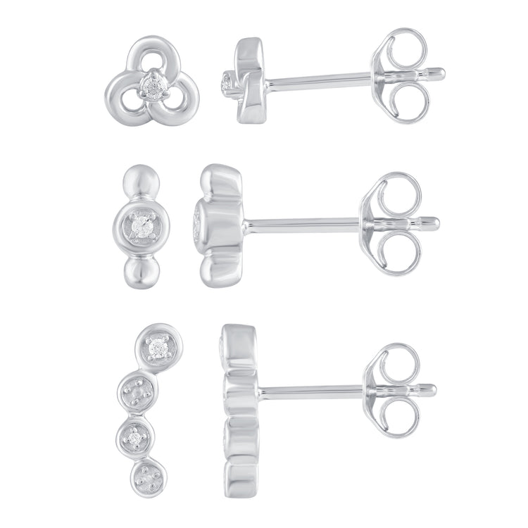 3 Pairs Set Ear Party 1/20 Cttw Natural Diamond Pansy Flower 1 Stone Bar Crawler Stud Earrings in 925 Sterling Silver