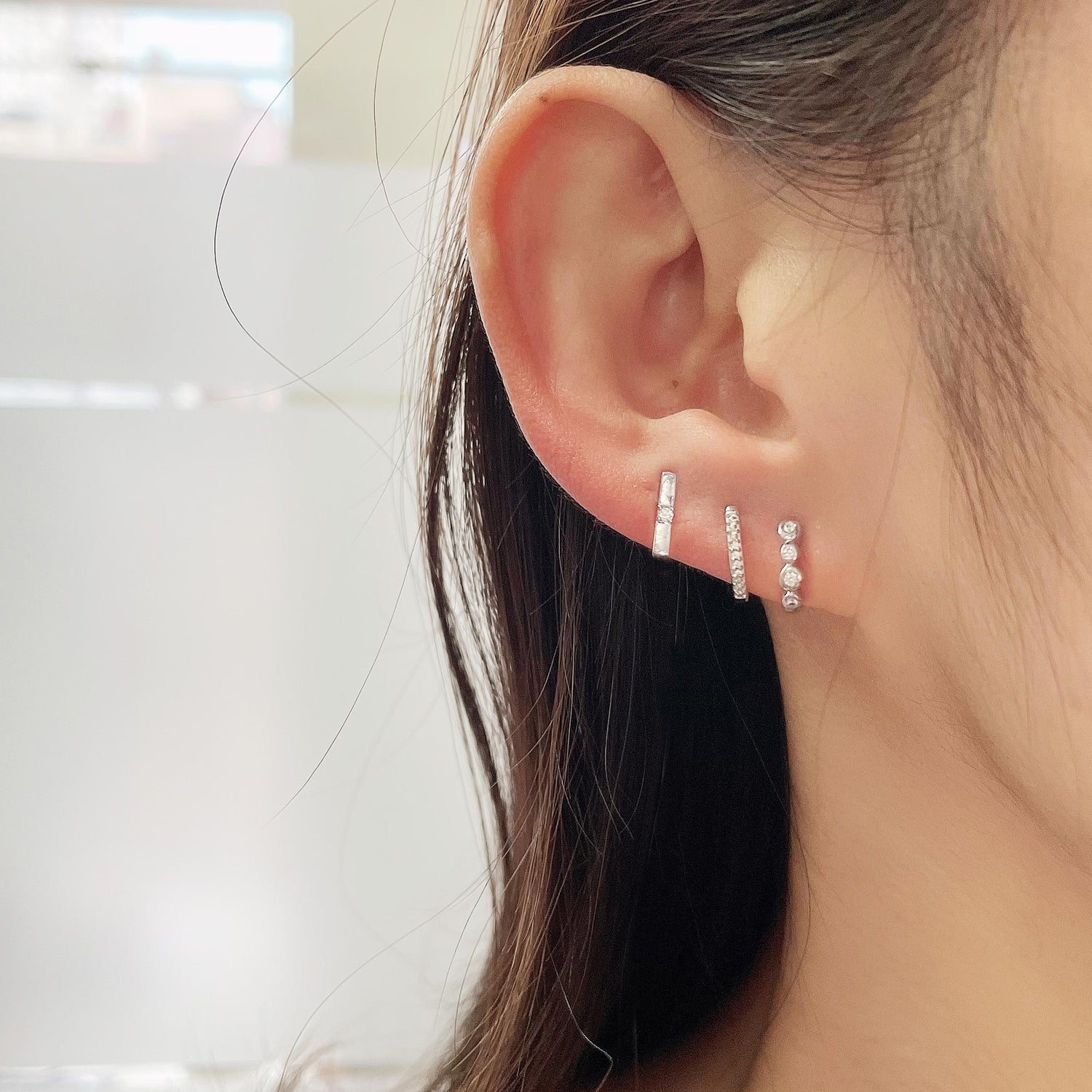 3 Pairs Set Ear Party 1/10 Cttw Natural Diamond Single Stone Square Beaded Mini Huggies Hoop Earrings in 925 Sterling Silver