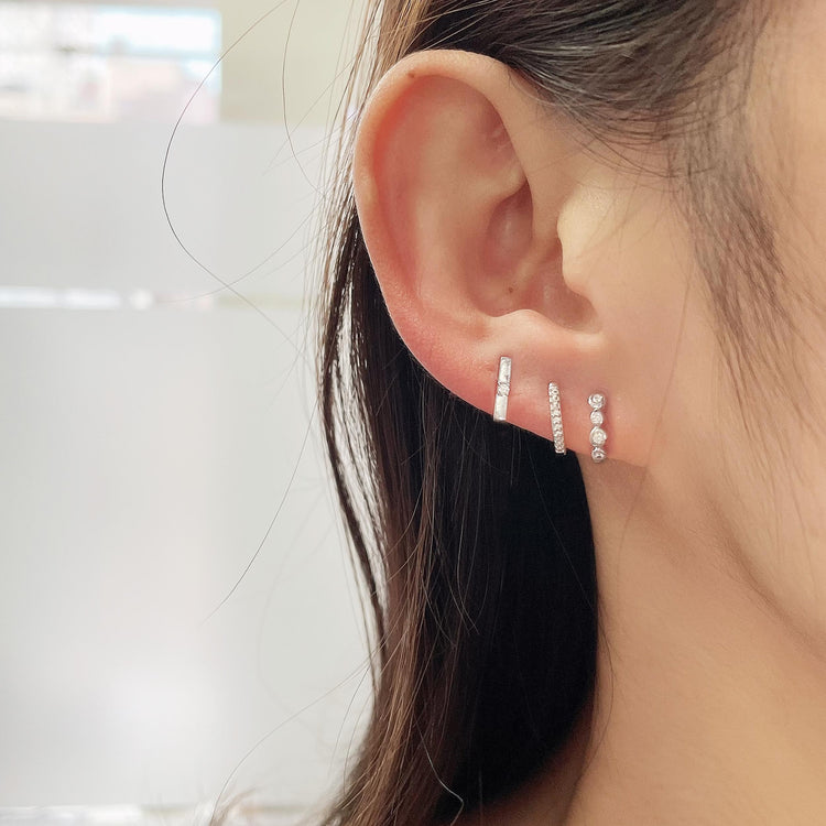 3 Pairs Set Ear Party 1/10 Cttw Natural Diamond Single Stone Square Beaded Mini Huggies Hoop Earrings in 925 Sterling Silver