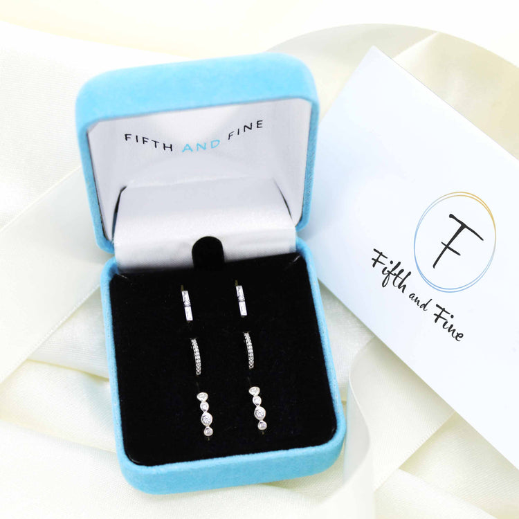 3 Pairs Set Ear Party 1/10 Cttw Natural Diamond Single Stone Square Beaded Mini Huggies Hoop Earrings in 925 Sterling Silver