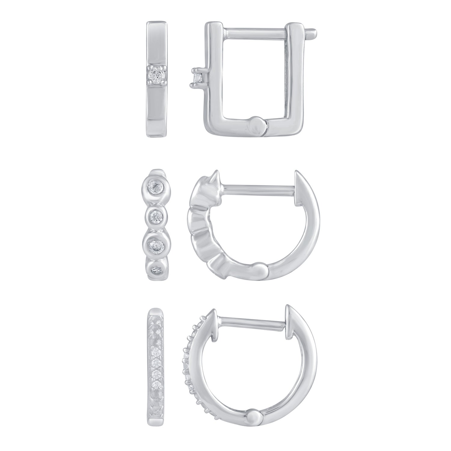 3 Pairs Set Ear Party 1/10 Cttw Natural Diamond Single Stone Square Beaded Mini Huggies Hoop Earrings in 925 Sterling Silver