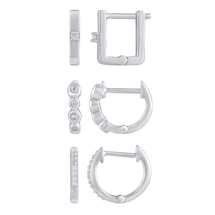 3 Pairs Set Ear Party 1/10 Cttw Natural Diamond Single Stone Square Beaded Mini Huggies Hoop Earrings in 925 Sterling Silver