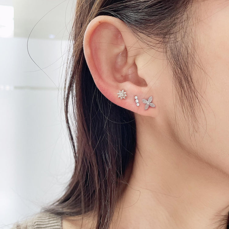 3 Pairs Set Ear Party 1/10 Cttw Natural Diamond Three Stone Bar Flower Marquise Flower Stud Earrings in 925 Sterling Silver