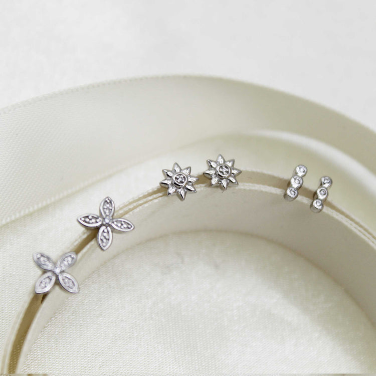 3 Pairs Set Ear Party 1/10 Cttw Natural Diamond Three Stone Bar Flower Marquise Flower Stud Earrings in 925 Sterling Silver