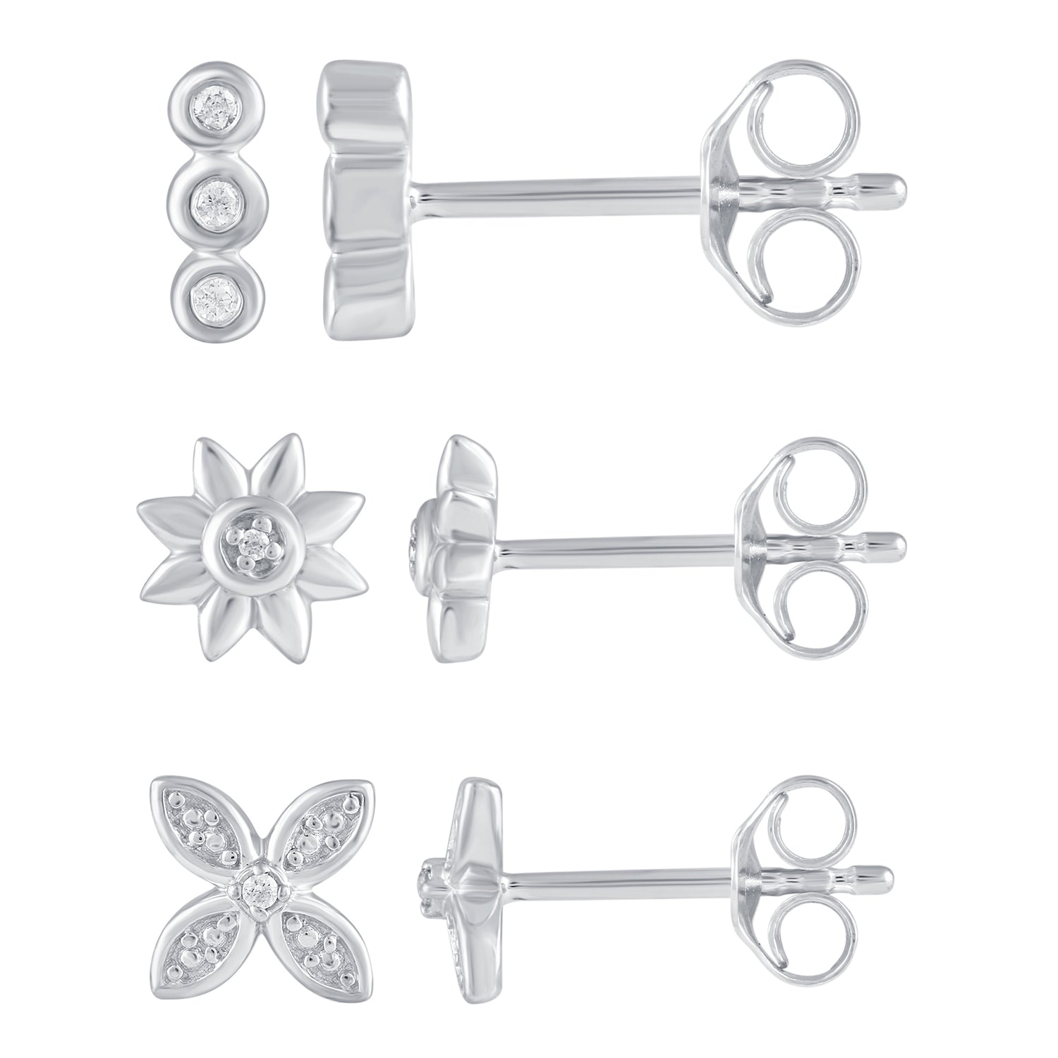 3 Pairs Set Ear Party 1/10 Cttw Natural Diamond Three Stone Bar Flower Marquise Flower Stud Earrings in 925 Sterling Silver