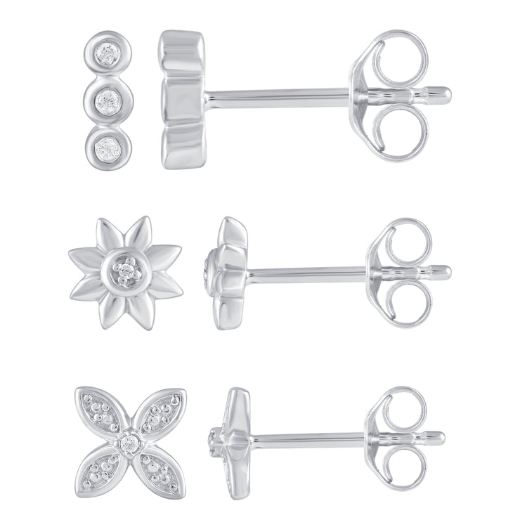 3 Pairs Set Ear Party 1/10 Cttw Natural Diamond Three Stone Bar Flower Marquise Flower Stud Earrings in 925 Sterling Silver