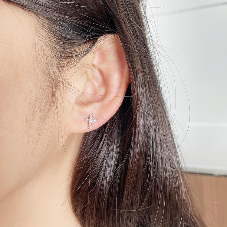 1/60 Cttw Natural Diamond Cross Stud Earrings in 925 Sterling Silver