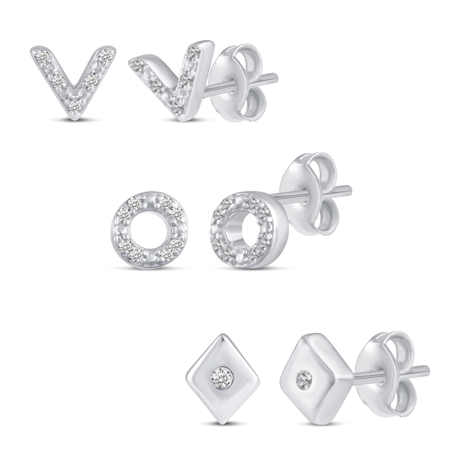 3 Pairs Set Ear Party 1/10 Cttw Natural Diamond Chevron Circle Diamond Shape Stud Earrings in 925 Sterling Silver