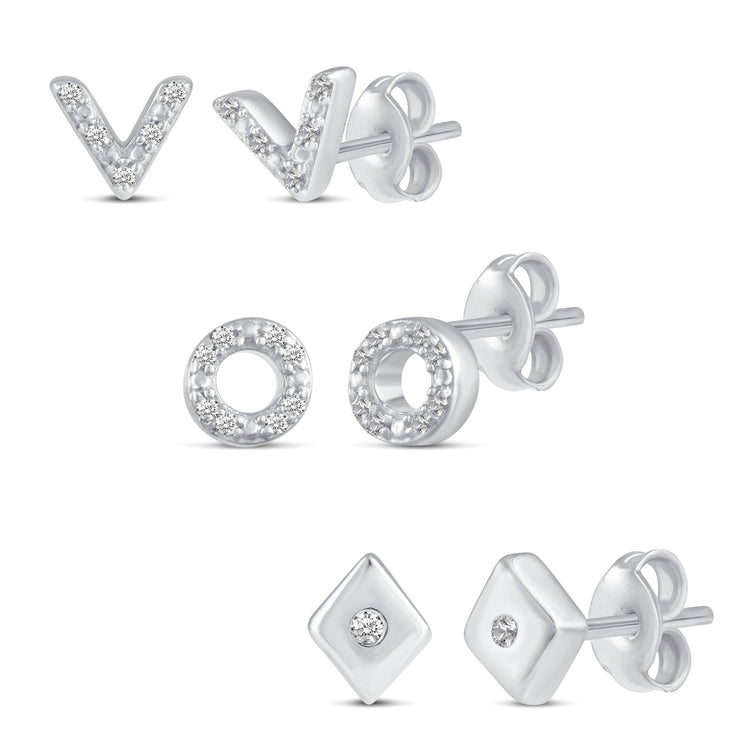 3 Pairs Set Ear Party 1/10 Cttw Natural Diamond Chevron Circle Diamond Shape Stud Earrings in 925 Sterling Silver