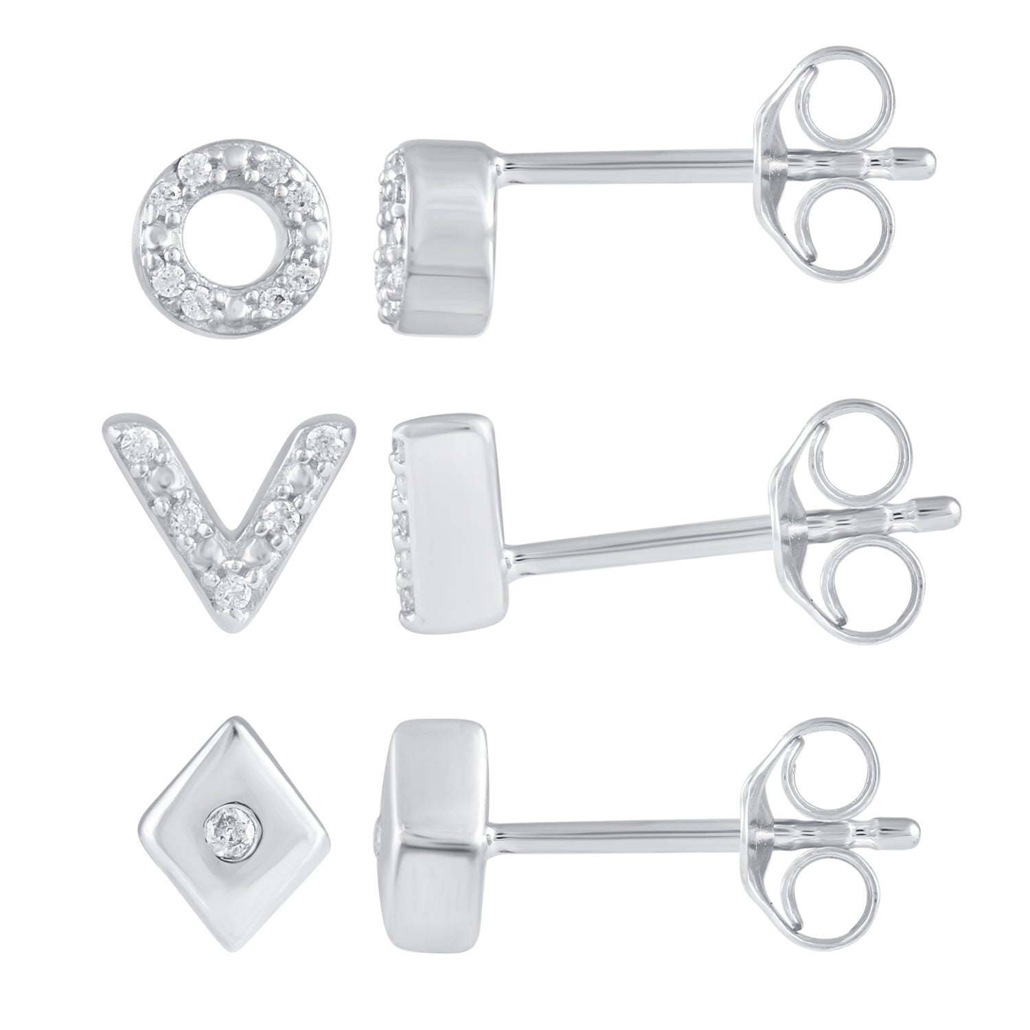 3 Pairs Set Ear Party 1/10 Cttw Natural Diamond Chevron Circle Diamond Shape Stud Earrings in 925 Sterling Silver