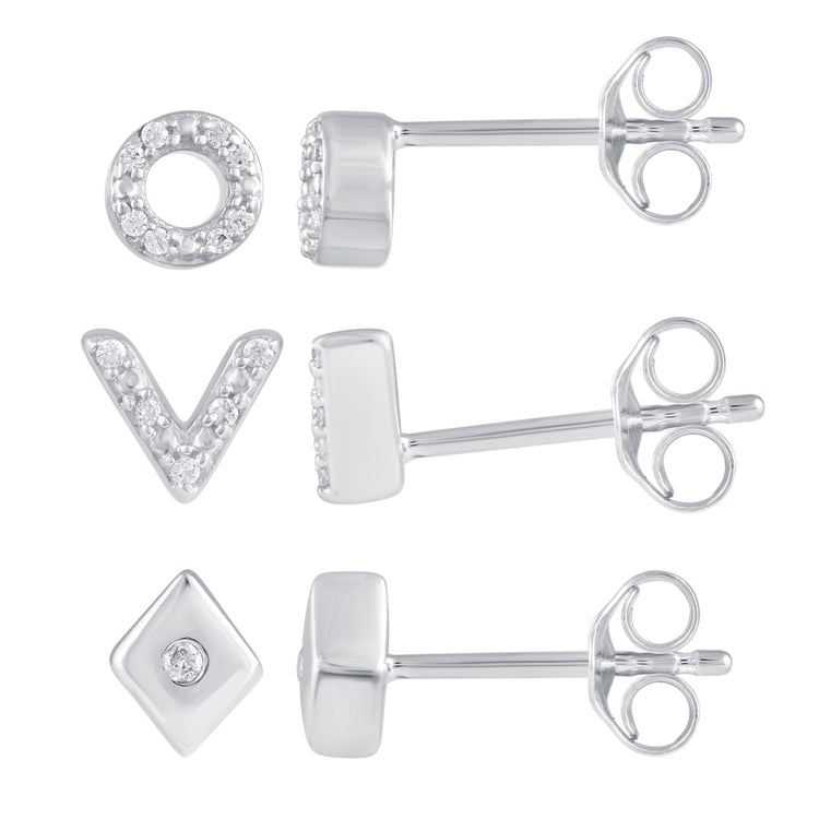 3 Pairs Set Ear Party 1/10 Cttw Natural Diamond Chevron Circle Diamond Shape Stud Earrings in 925 Sterling Silver