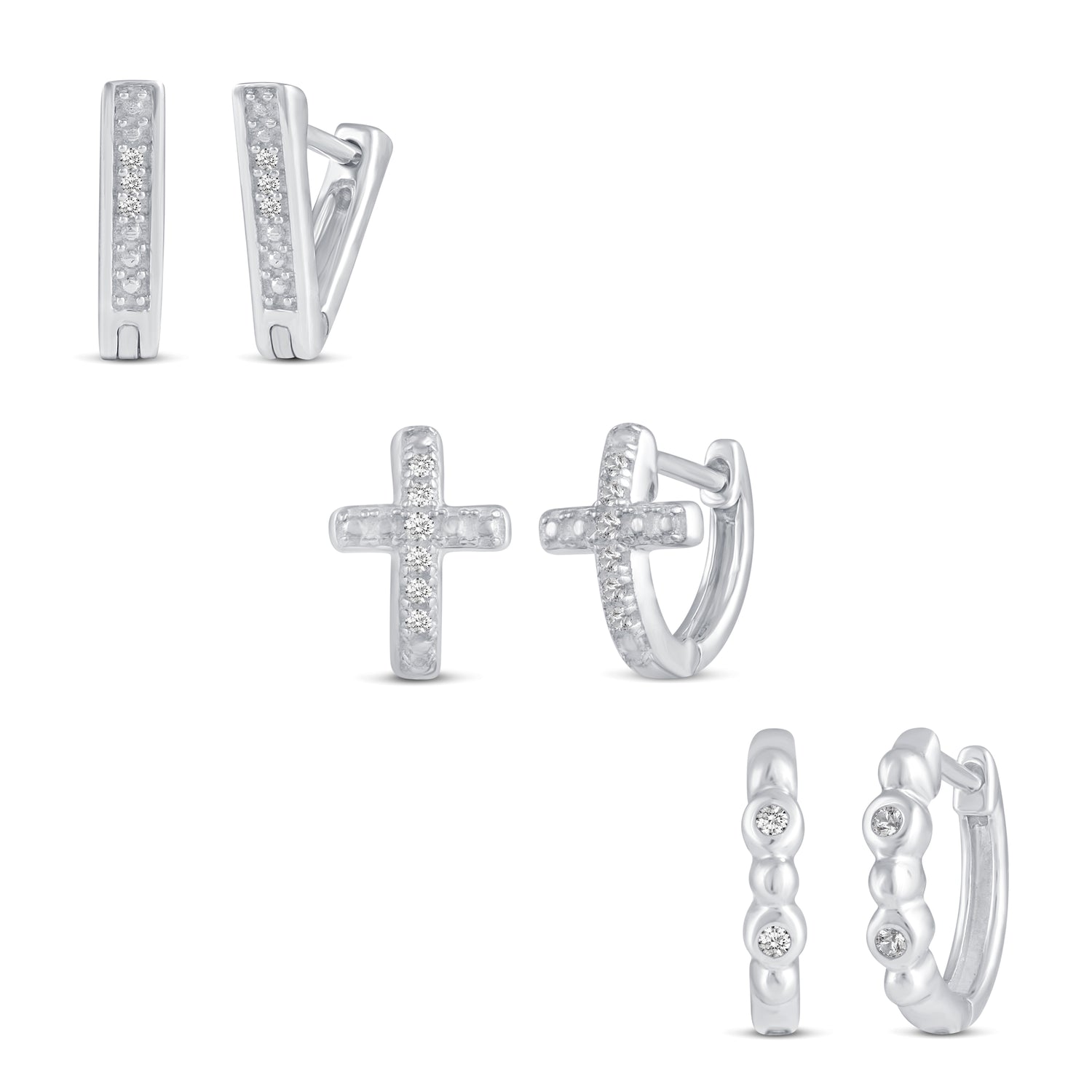3 Pairs Set Ear Party 1/10 Cttw Natural Diamond Chevron Cross Beaded Huggies Hoop Earrings in 925 Sterling Silver