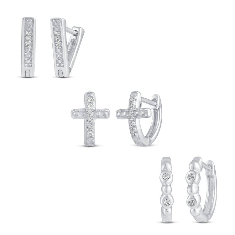 3 Pairs Set Ear Party 1/10 Cttw Natural Diamond Chevron Cross Beaded Huggies Hoop Earrings in 925 Sterling Silver