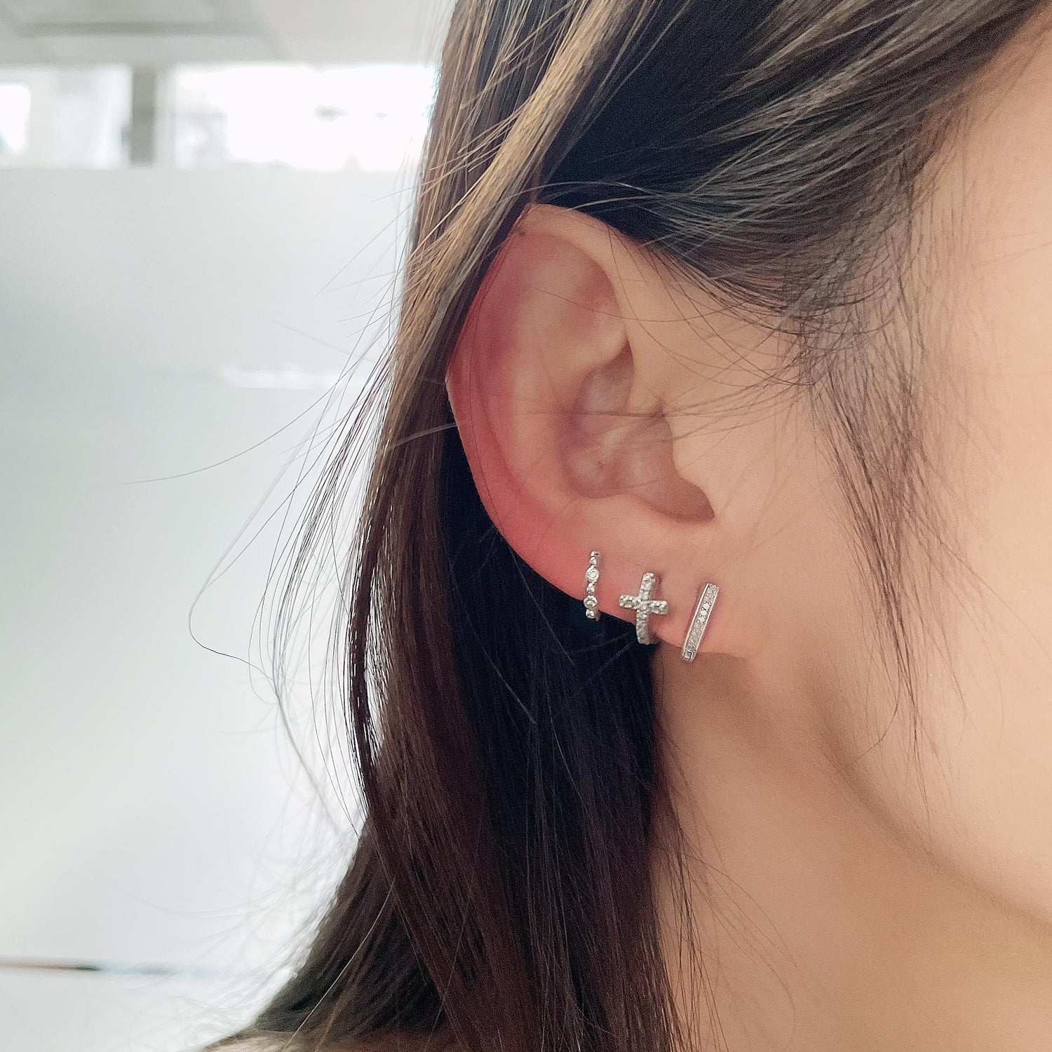 3 Pairs Set Ear Party 1/10 Cttw Natural Diamond Chevron Cross Beaded Huggies Hoop Earrings in 925 Sterling Silver