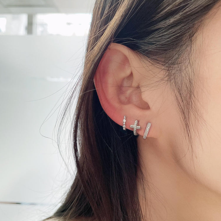 3 Pairs Set Ear Party 1/10 Cttw Natural Diamond Chevron Cross Beaded Huggies Hoop Earrings in 925 Sterling Silver