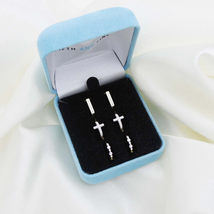 3 Pairs Set Ear Party 1/10 Cttw Natural Diamond Chevron Cross Beaded Huggies Hoop Earrings in 925 Sterling Silver