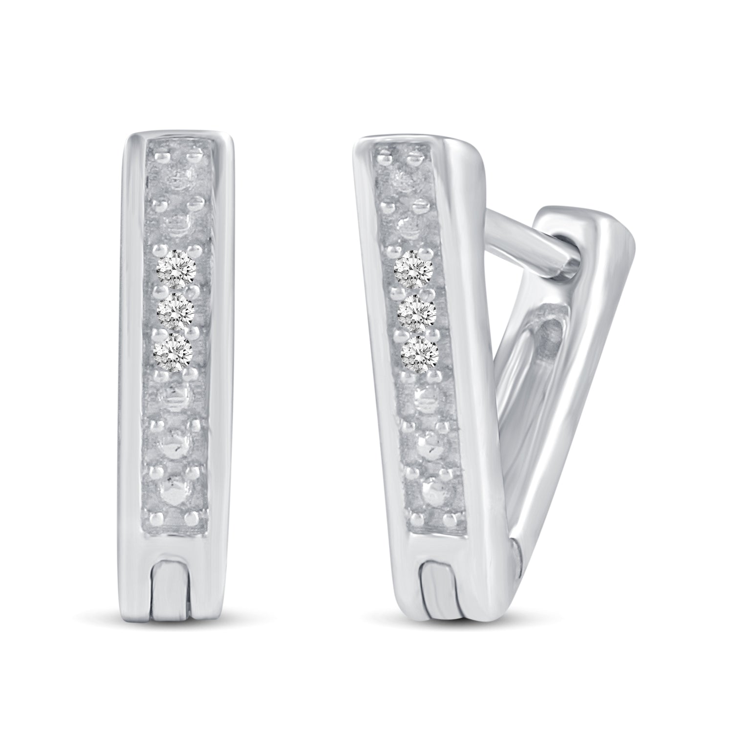 3 Pairs Set Ear Party 1/10 Cttw Natural Diamond Chevron Cross Beaded Huggies Hoop Earrings in 925 Sterling Silver