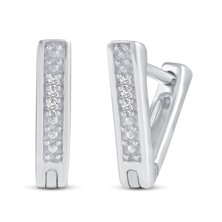 3 Pairs Set Ear Party 1/10 Cttw Natural Diamond Chevron Cross Beaded Huggies Hoop Earrings in 925 Sterling Silver