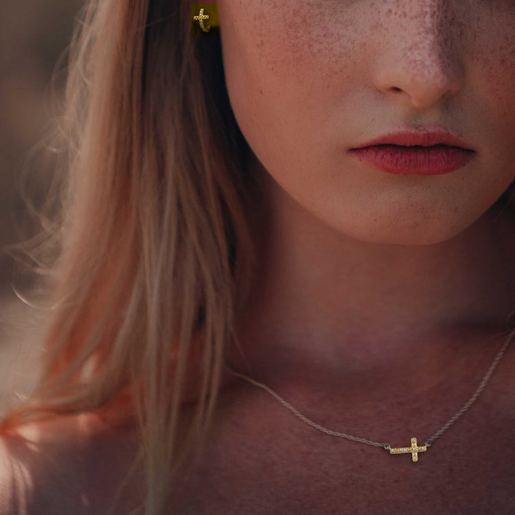 Sideways Cross 1/20 Cttw Natural Diamond Pendant Necklace set in 925 Sterling Silver yellow gold huggies hoop