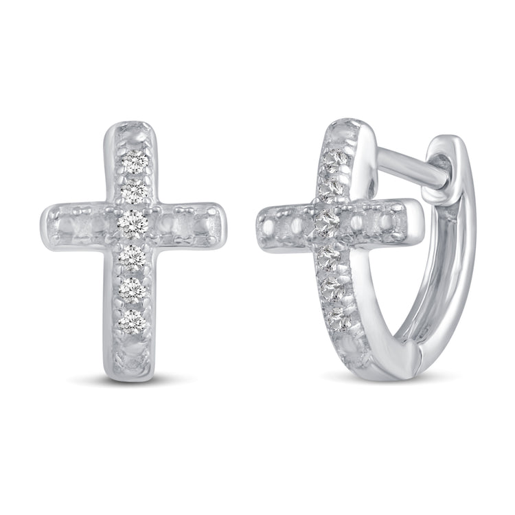 3 Pairs Set Ear Party 1/10 Cttw Natural Diamond Chevron Cross Beaded Huggies Hoop Earrings in 925 Sterling Silver