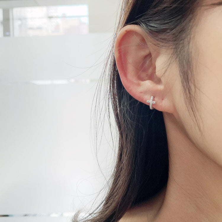1/30 Cttw Natural Diamond Cross Huggies Earrings in 925 Sterling Silver hoops