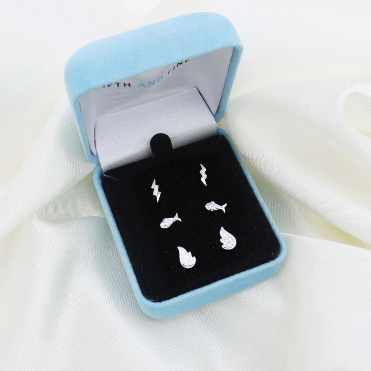 3 Pairs Set Ear Party 1/10 Cttw Natural Diamond Lightning Bolt Fish Angel Wing Stud Earrings in 925 Sterling Silver