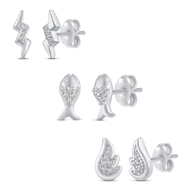 3 Pairs Set Ear Party 1/10 Cttw Natural Diamond Lightning Bolt Fish Angel Wing Stud Earrings in 925 Sterling Silver