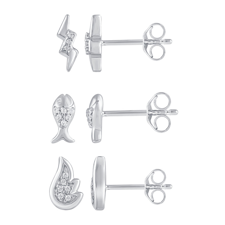 3 Pairs Set Ear Party 1/10 Cttw Natural Diamond Lightning Bolt Fish Angel Wing Stud Earrings in 925 Sterling Silver