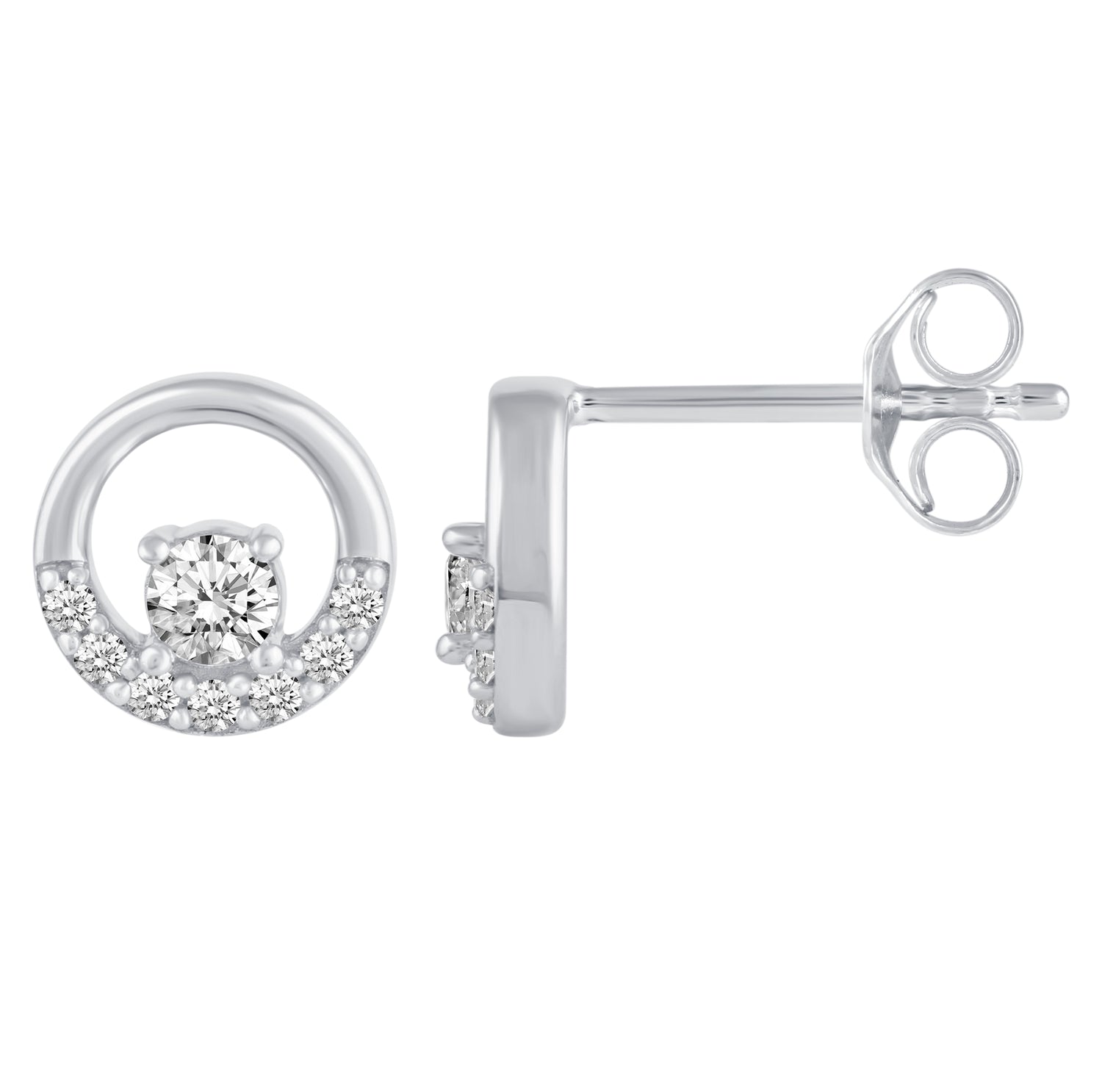 Circle Stud Earrings with 1/4 Ctw Natural Diamonds set in 925 Sterling Silver