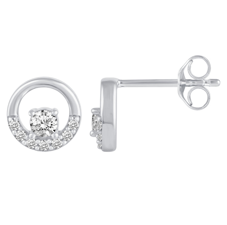 Circle Stud Earrings with 1/4 Ctw Natural Diamonds set in 925 Sterling Silver