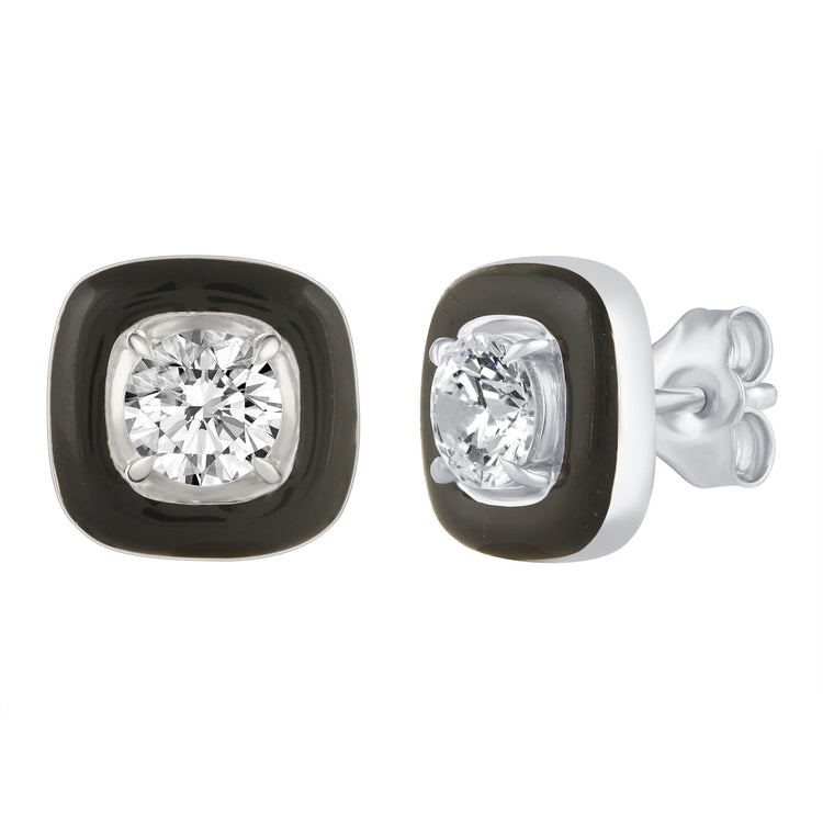 Black Enamel Natural Diamond Stud Earrings set in 925 Sterling Silver trend birthday holiday gift under $50