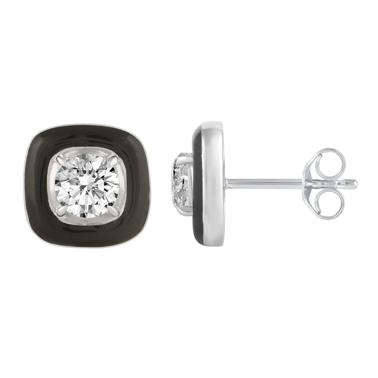 Black Enamel Natural Diamond Stud Earrings set in 925 Sterling Silver trend birthday holiday gift under $50