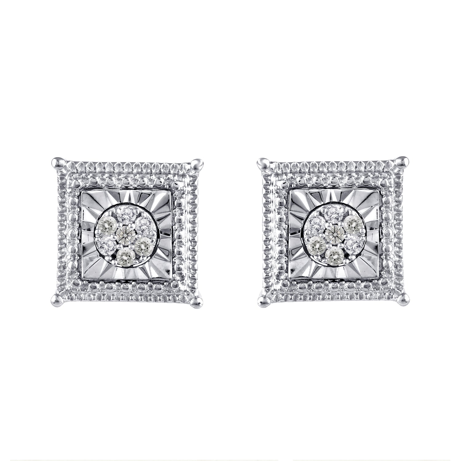 Square Miracle Setting 1/10 Ctw Natural Diamond Stud Earrings set in 925 Sterling Silver fine jewelry