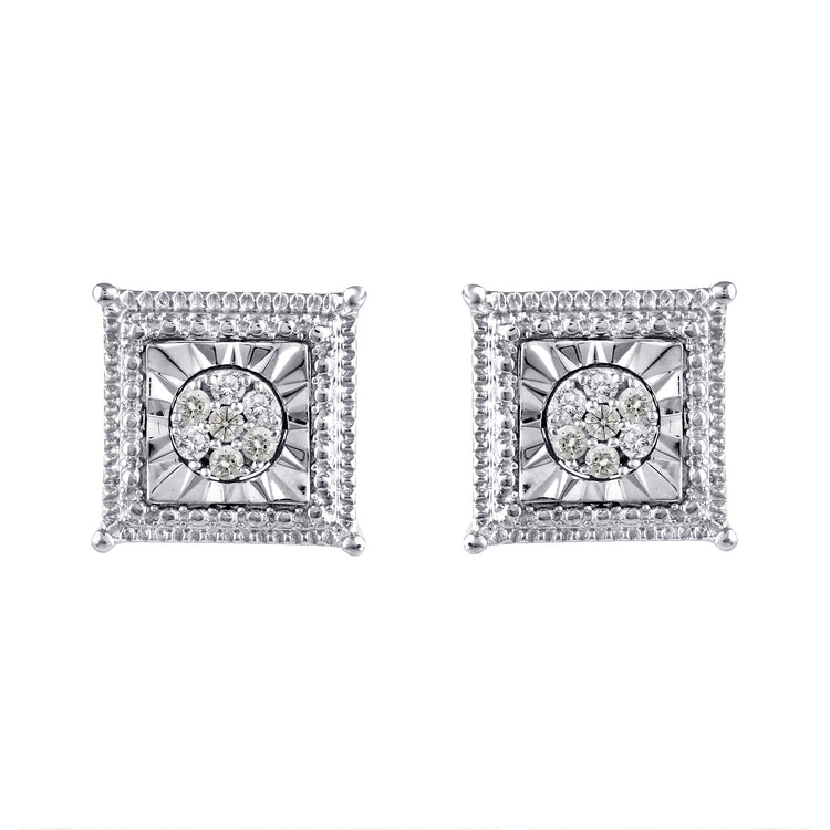 Square Miracle Setting 1/10 Ctw Natural Diamond Stud Earrings set in 925 Sterling Silver fine jewelry
