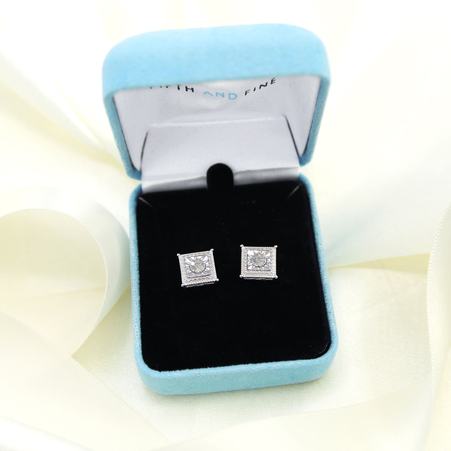 Square Miracle Setting 1/10 Ctw Natural Diamond Stud Earrings set in 925 Sterling Silver fine jewelry