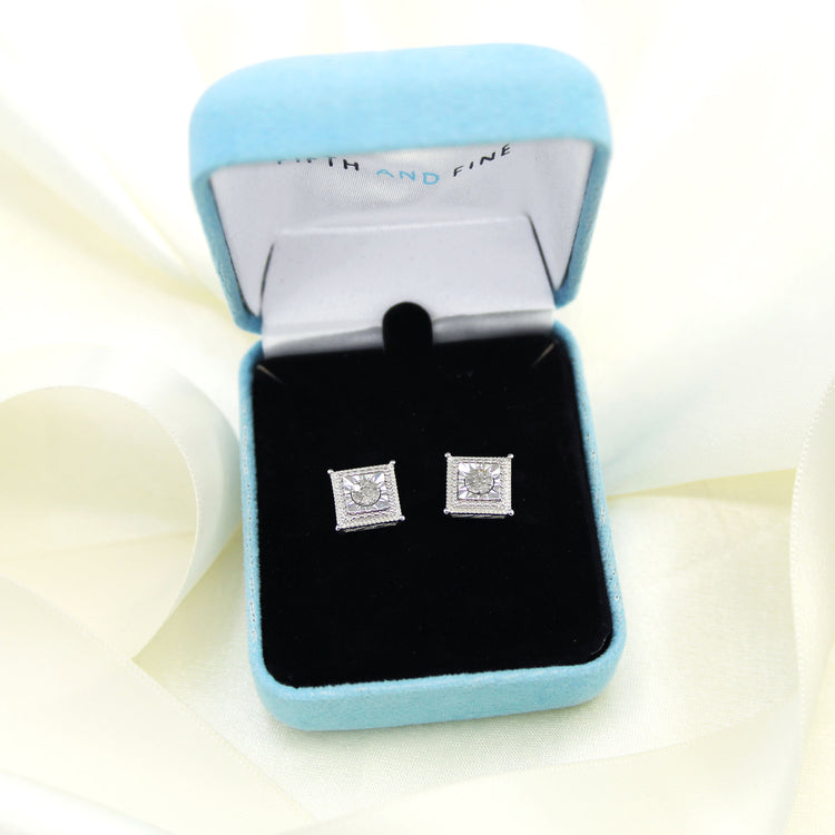 Square Miracle Setting 1/10 Ctw Natural Diamond Stud Earrings set in 925 Sterling Silver fine jewelry