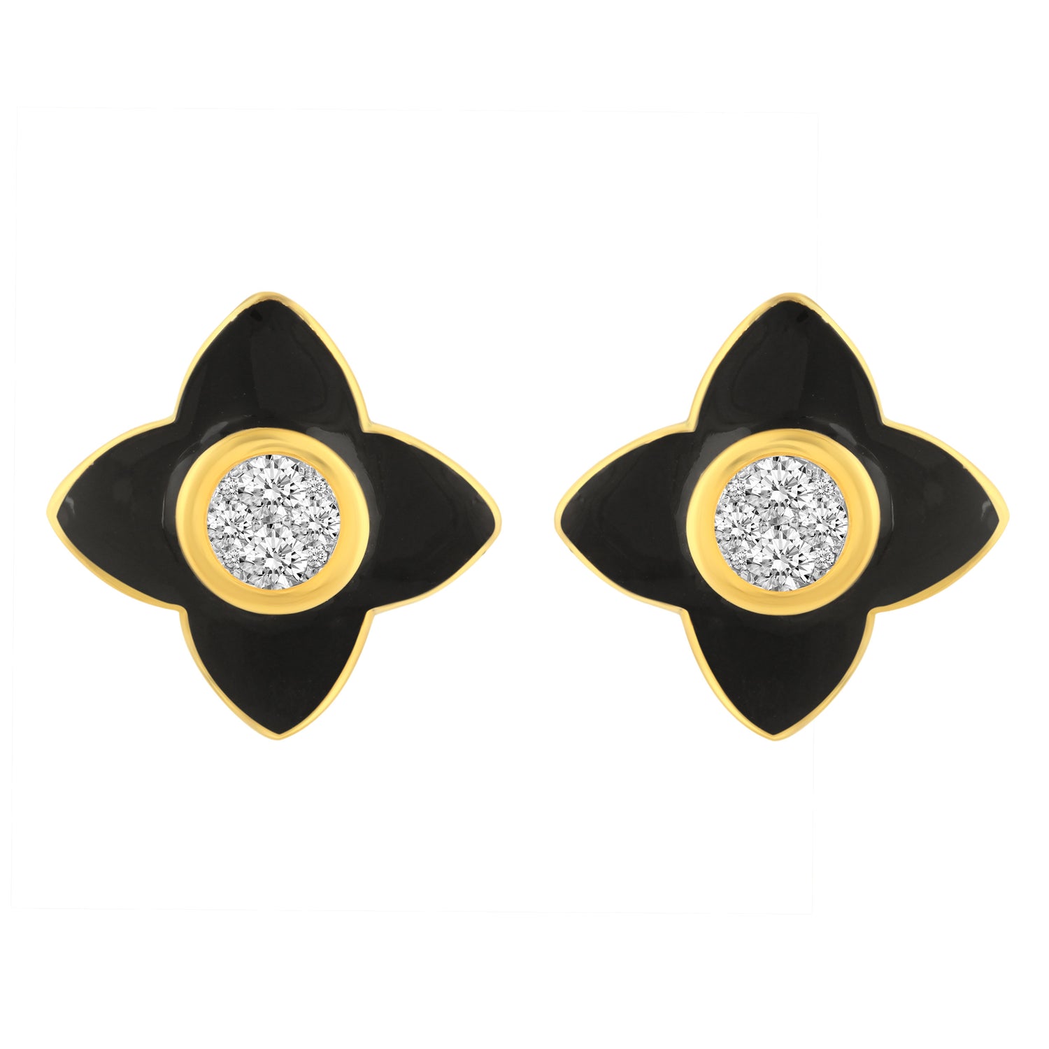 Black Enamel 1/4Ctw to 1/2 Ctw (I2-I3) Natural Diamond Stud Earrings set in 925 Sterling Silver petal flower