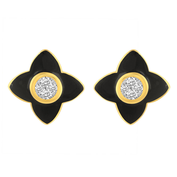 Black Enamel 1/4Ctw to 1/2 Ctw (I2-I3) Natural Diamond Stud Earrings set in 925 Sterling Silver petal flower