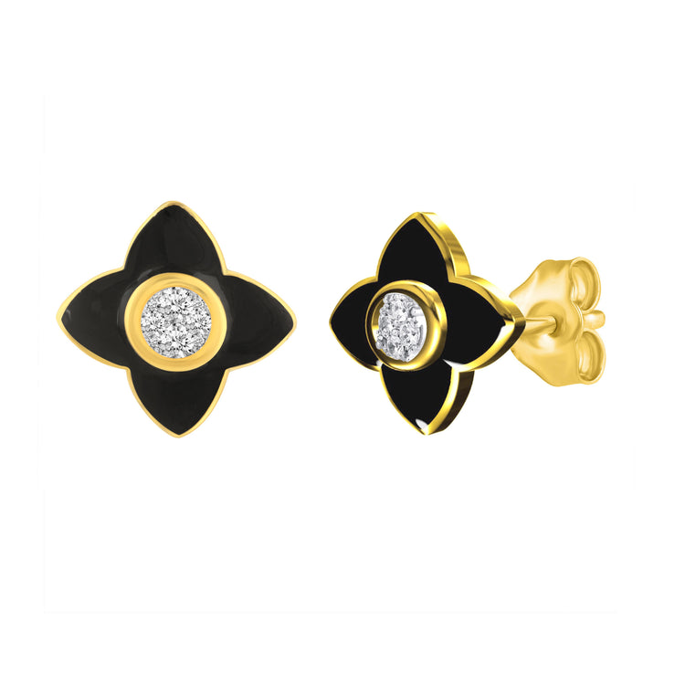 Black Enamel 1/4Ctw to 1/2 Ctw (I2-I3) Natural Diamond Stud Earrings set in 925 Sterling Silver petal flower 