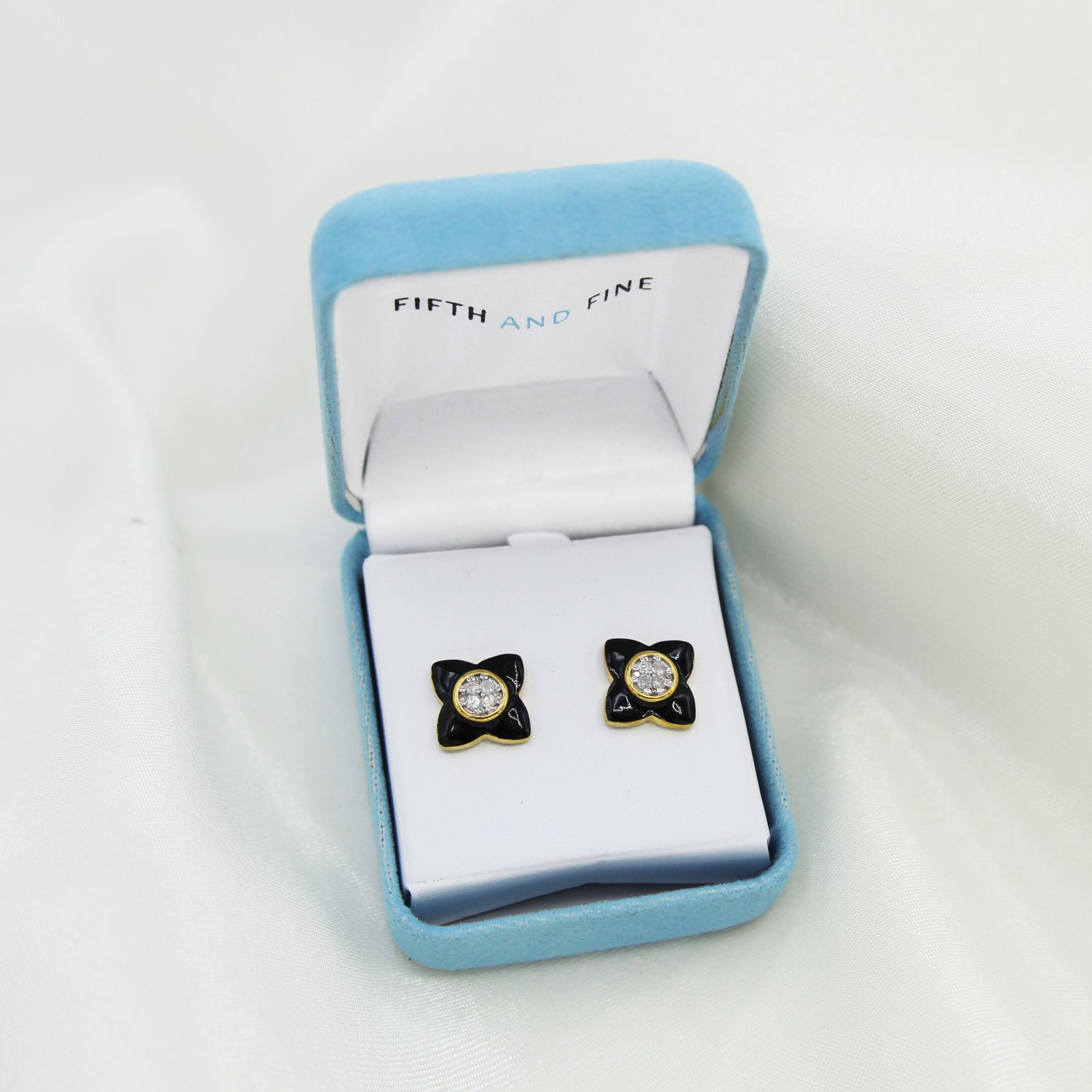 Black Enamel 1/4Ctw to 1/2 Ctw (I2-I3) Natural Diamond Stud Earrings set in 925 Sterling Silver petal flower