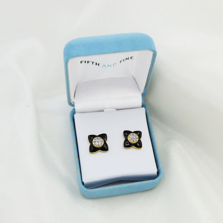 Black Enamel 1/4Ctw to 1/2 Ctw (I2-I3) Natural Diamond Stud Earrings set in 925 Sterling Silver petal flower