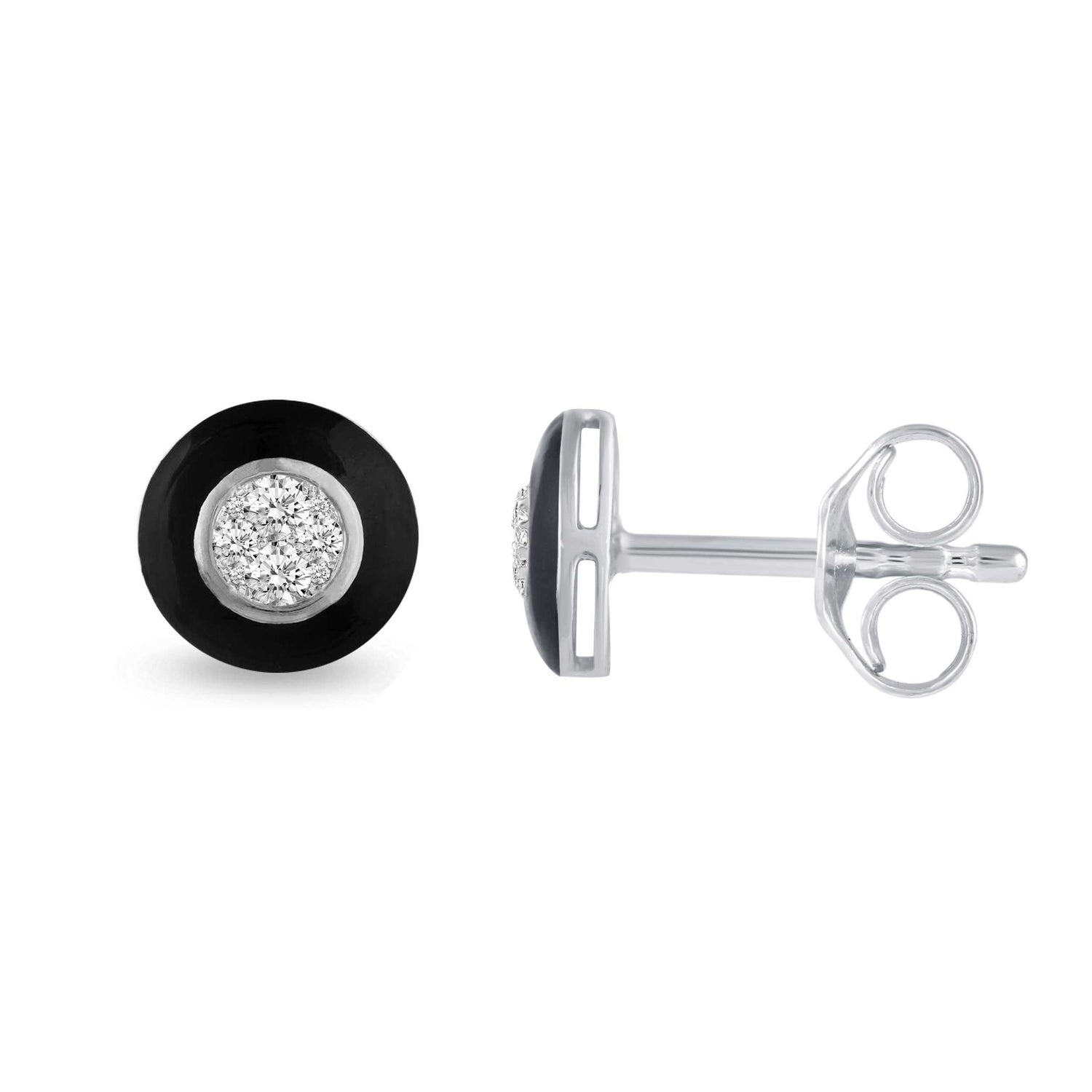 Black Enamel 1/4Ctw to 1/2 Ctw (I2-I3) Natural Diamond Stud Earrings set in 925 Sterling Silver petal flower