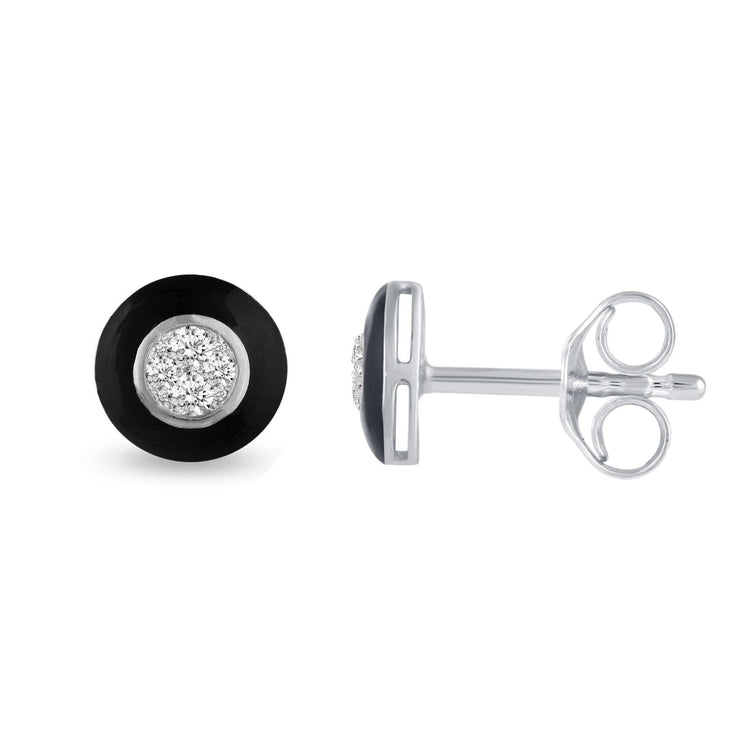Black Enamel 1/4Ctw to 1/2 Ctw (I2-I3) Natural Diamond Stud Earrings set in 925 Sterling Silver petal flower