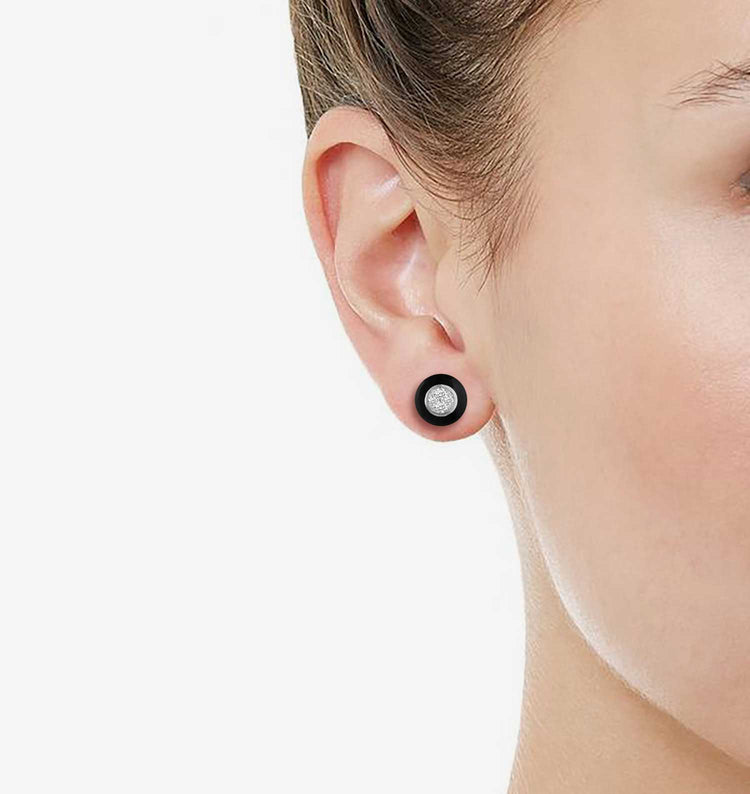 Black Enamel 1/4Ctw to 1/2 Ctw (I2-I3) Natural Diamond Stud Earrings set in 925 Sterling Silver petal flower