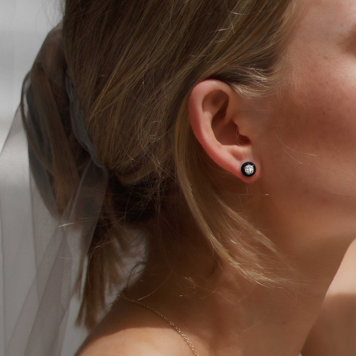 Black Enamel 1/4Ctw to 1/2 Ctw (I2-I3) Natural Diamond Stud Earrings set in 925 Sterling Silver petal flower