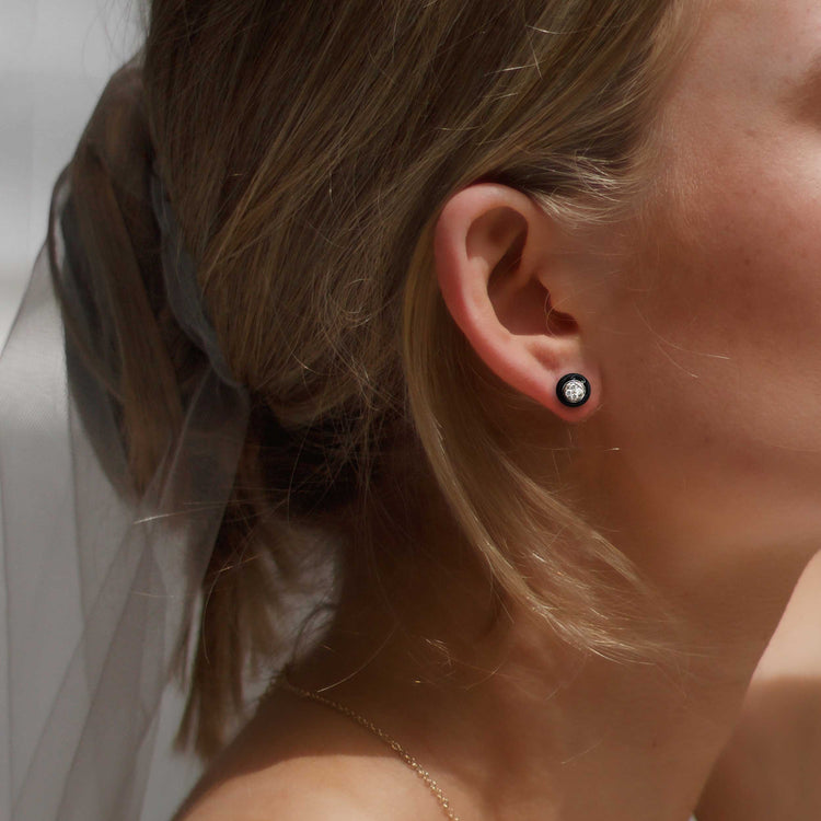 Black Enamel 1/4Ctw to 1/2 Ctw (I2-I3) Natural Diamond Stud Earrings set in 925 Sterling Silver petal flower