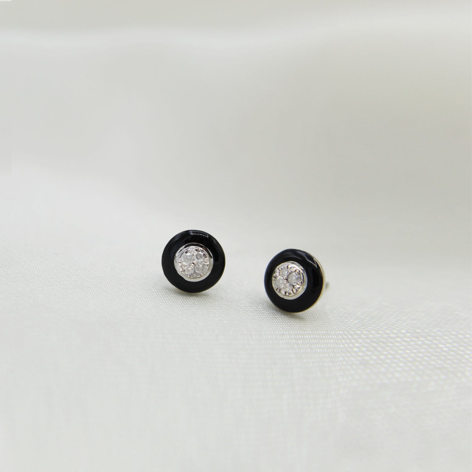Black Enamel 1/4Ctw to 1/2 Ctw (I2-I3) Natural Diamond Stud Earrings set in 925 Sterling Silver petal flower