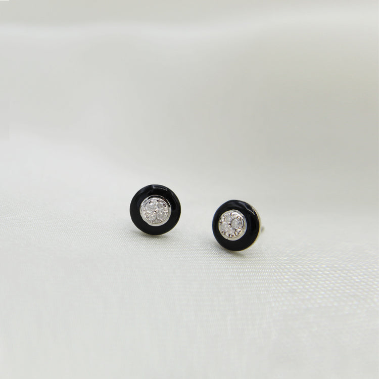 Black Enamel 1/4Ctw to 1/2 Ctw (I2-I3) Natural Diamond Stud Earrings set in 925 Sterling Silver petal flower
