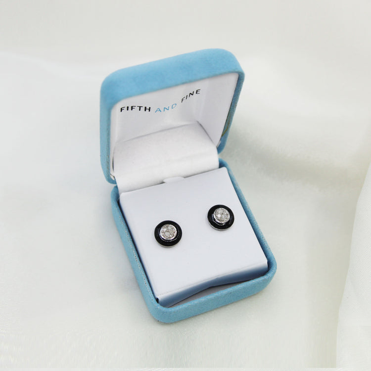 Black Enamel 1/4Ctw to 1/2 Ctw (I2-I3) Natural Diamond Stud Earrings set in 925 Sterling Silver petal flower